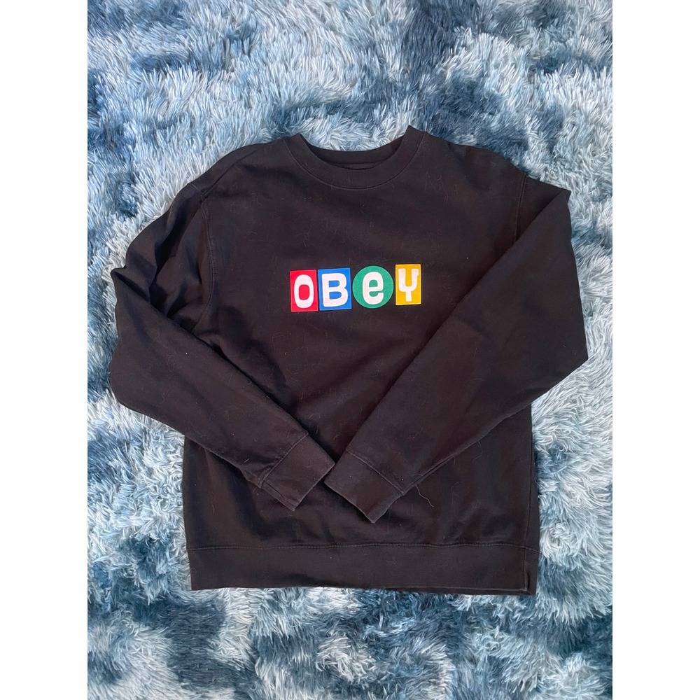 OBEY Worldwide Crewneck Sweatshirt Black Colorful Logo‎ Top Mens Size M